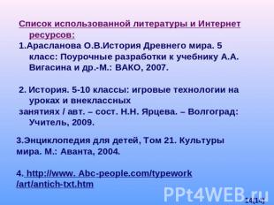 Список использованной литературы и Интернет ресурсов: 1.Арасланова О.В.История Д