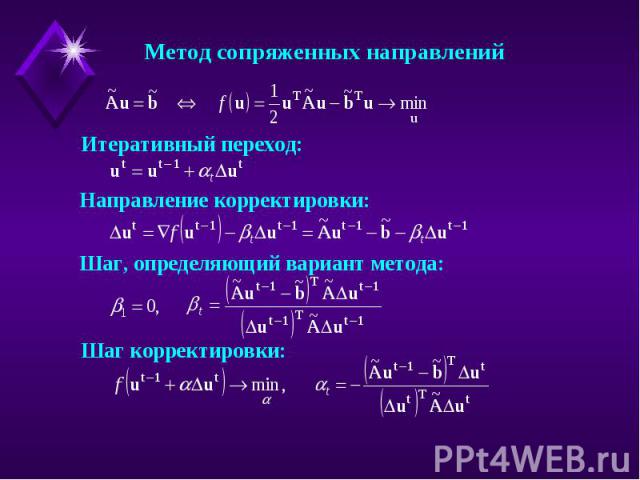 Метод сопряженных направленийИтеративный переход:Направление корректировки:Шаг, определяющий вариант метода:Шаг корректировки: