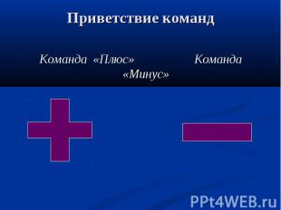 Приветствие команд Команда «Плюс» Команда «Минус»