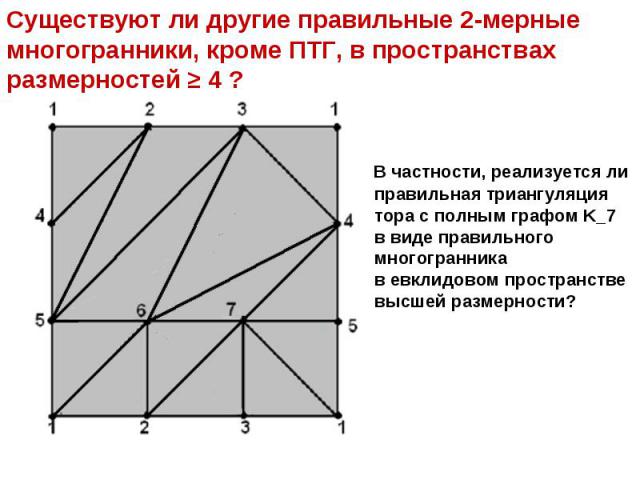 Существуют ли другие правильные 2-мерныемногогранники, кроме ПТГ, в пространствах размерностей ≥ 4 ? В частности, реализуется ли правильная триангуляция тора с полным графом K_7 в виде правильного многогранника в евклидовом пространстве высшей разме…