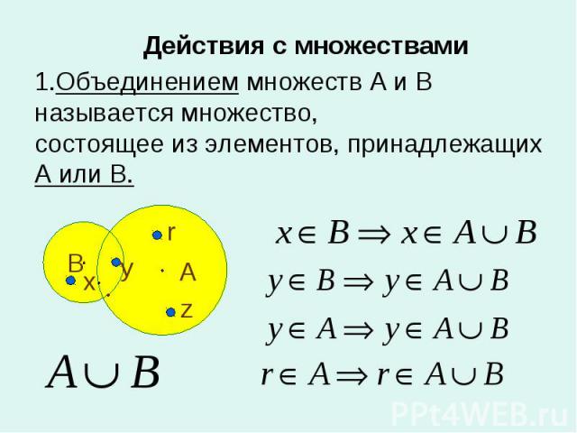 Действия с множествами 1.Объединением множеств А и В называется множество, состоящее из элементов, принадлежащих А или В.
