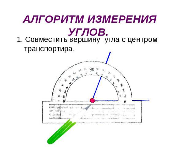 АЛГОРИТМ ИЗМЕРЕНИЯ УГЛОВ. 1. Совместить вершину угла с центром транспортира.