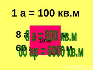 1 а = 100 кв.м 8 а = 800 кв.м60 ар = 6000 кв.м
