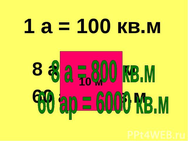 1 а = 100 кв.м 8 а = 800 кв.м60 ар = 6000 кв.м