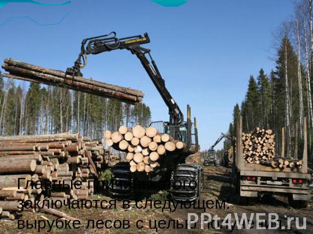 Главные причины этого заключаются в следующем: вырубке лесов с целью получения древесины; вырубке лесов для расширения сельскохозяйственных угодий; вырубке лесов в связи со строительством; вырубке лесов на топливо; сокращении лесных массивов из-за з…