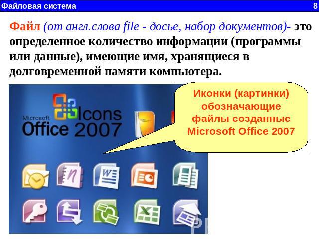 Файл (от англ.слова file - досье, набор документов)- это определенное количество информации (программы или данные), имеющие имя, хранящиеся в долговременной памяти компьютера. Иконки (картинки) обозначающие файлы созданные Microsoft Office 2007