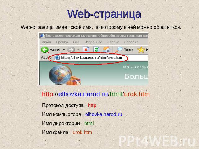Web-страница Web-страница имеет своё имя, по которому к ней можно обратиться. Протокол доступа - httpИмя компьютера - elhovka.narod.ruИмя директории - htmlИмя файла - urok.htm