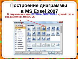 Построение диаграммы в MS Exsel 2007 В открывшемся окне ВСТАВКА ДИАГРАММЫ нужный
