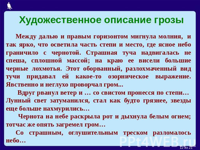 Художественное описание грозы Между далью и правым горизонтом мигнула молния,  и так ярко, что осветила часть степи и место, где ясное небо граничило с чернотой. Страшная туча надвигалась не спеша, сплошной массой; на краю ее висели большие черные л…