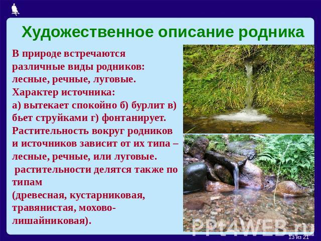 Художественное описание родника В природе встречаются различные виды родников: лесные, речные, луговые.Характер источника:а) вытекает спокойно б) бурлит в) бьет струйками г) фонтанирует.Растительность вокруг родников и источников зависит от их типа …