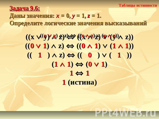 Задача 9.6: Даны значения: x = 0, y = 1, z = 1.Определите логические значения высказываний ((x y) z) ((x z) (y z))((0 1) z) ((0 1) (1 1))(( 1 ) z) (( 0 ) ( 1 ))(1 1) (0 1)1 11 (истина)