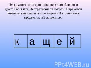 Имя сказочного героя, долгожителя, близкого друга Бабы Яги. Застрахован от смерт