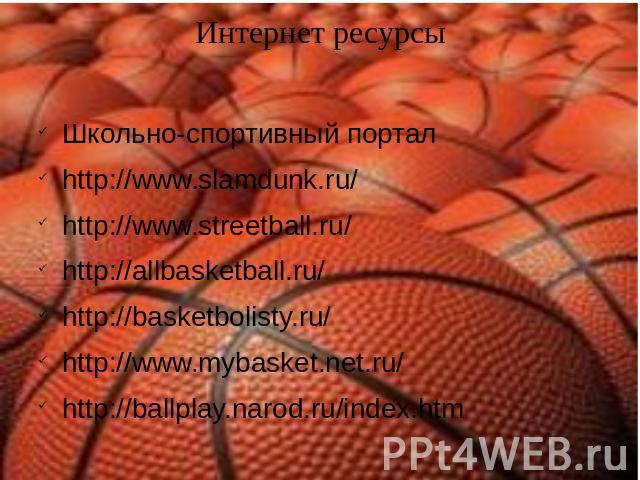 Интернет ресурсы Школьно-спортивный порталhttp://www.slamdunk.ru/http://www.streetball.ru/http://allbasketball.ru/http://basketbolisty.ru/http://www.mybasket.net.ru/http://ballplay.narod.ru/index.htm