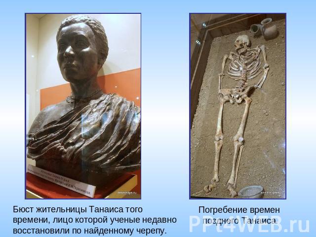 Бюст жительницы Танаиса того времени, лицо которой ученые недавно восстановили по найденному черепу. Погребение времен позднего Танаиса.