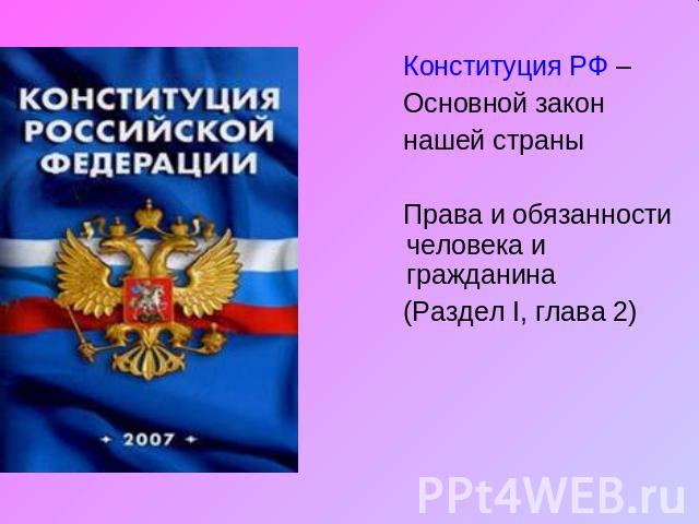 Конституция РФ – Основной закон нашей страны Права и обязанности человека и гражданина (Раздел I, глава 2)
