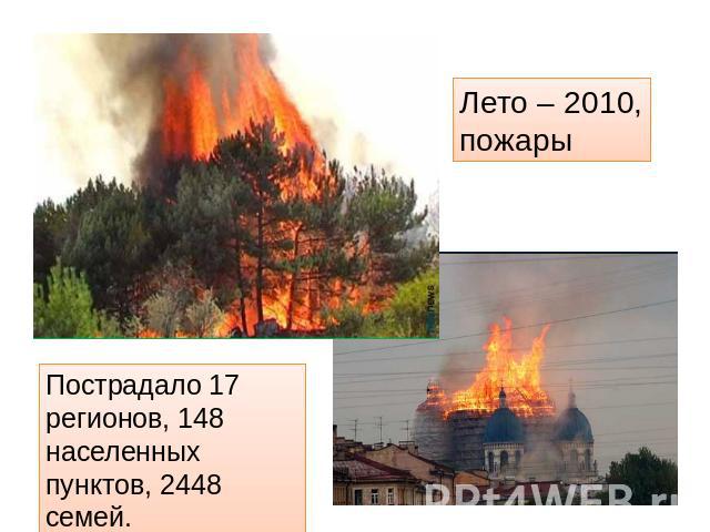 Лето – 2010,пожары Пострадало 17 регионов, 148 населенных пунктов, 2448 семей.