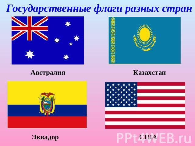 Государственные флаги разных стран Австралия Казахстан Эквадор США