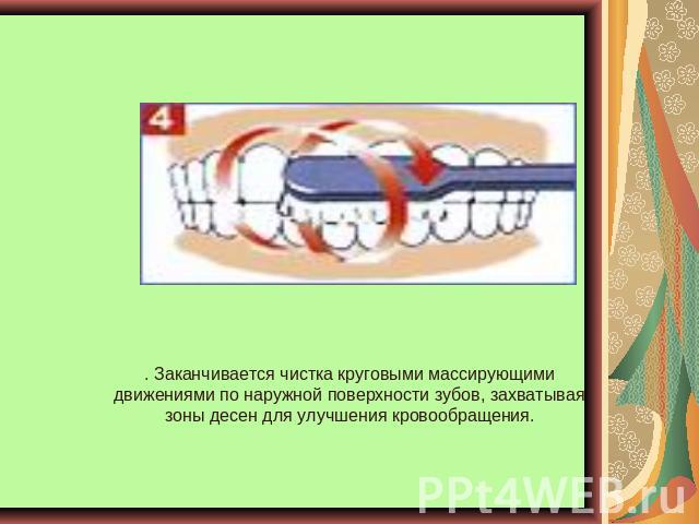 . Заканчивается чистка круговыми массирующими движениями по наружной поверхности зубов, захватывая зоны десен для улучшения кровообращения.