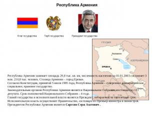 Республика Армения Республика Армения занимает площадь 29,8 тыс. кв. км, численн