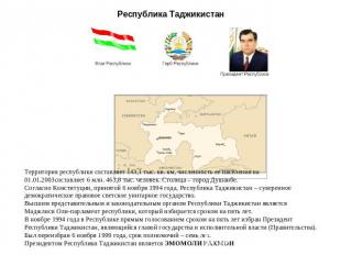 Республика Таджикистан Территория республики составляет 143,1 тыс. кв. км, числе