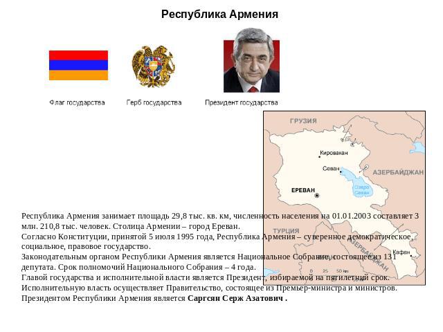 Республика Армения Республика Армения занимает площадь 29,8 тыс. кв. км, численность населения на 01.01.2003 составляет 3 млн. 210,8 тыс. человек. Столица Армении – город Ереван. Согласно Конституции, принятой 5 июля 1995 года, Республика Армения – …