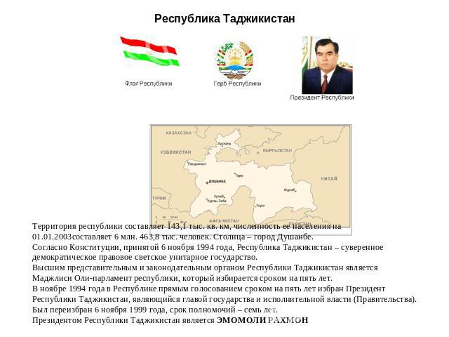 Республика Таджикистан Территория республики составляет 143,1 тыс. кв. км, численность ее населения на 01.01.2003составляет 6 млн. 463,8 тыс. человек. Столица – город Душанбе. Согласно Конституции, принятой 6 ноября 1994 года, Республика Таджикистан…