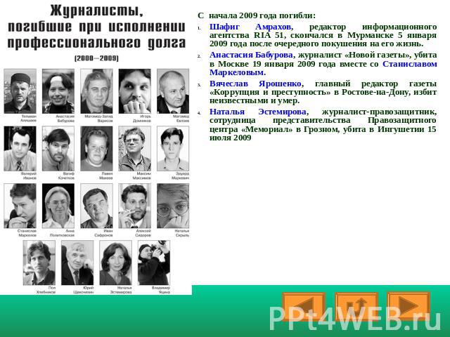С начала 2009 года погибли:Шафиг Амрахов, редактор информационного агентства RIA 51, скончался в Мурманске 5 января 2009 года после очередного покушения на его жизнь.Анастасия Бабурова, журналист «Новой газеты», убита в Москве 19 января 2009 года вм…