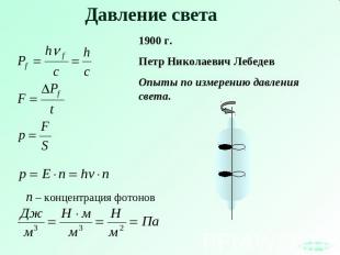 Давление света 1900 г.Петр Николаевич ЛебедевОпыты по измерению давления света.
