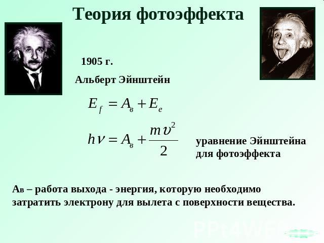 Теория фотоэффекта 1905 г. Альберт Эйнштейн уравнение Эйнштейна для фотоэффекта Ав – работа выхода - энергия, которую необходимо затратить электрону для вылета с поверхности вещества.