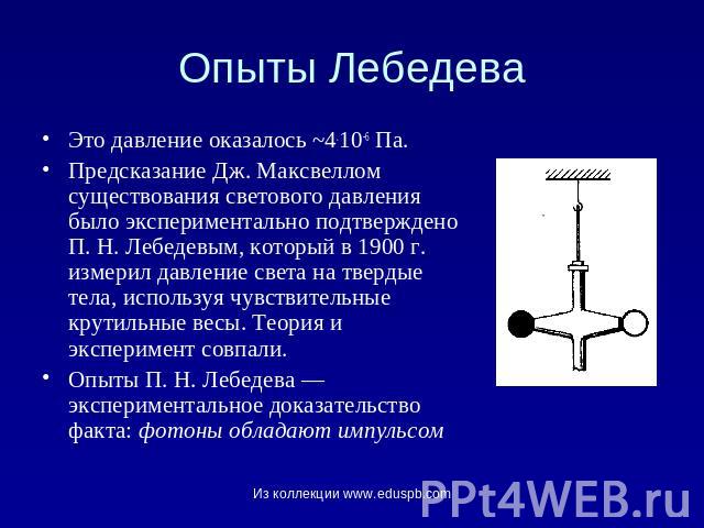Опыты Лебедева Это давление оказалось ~4.10-6 Па. Предсказание Дж. Максвеллом существования светового давления было экспериментально подтверждено П. Н. Лебедевым, который в 1900 г. измерил давление света на твердые тела, используя чувствительные кру…