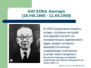 НАГАОКА Хантаро (18.VIII.1865 - 11.XII.1950) В 1904 предложил модель атома, согл