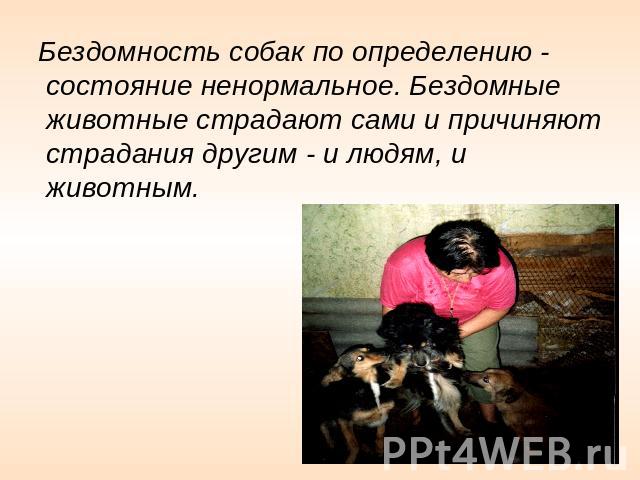 Бездомность собак по определению - состояние ненормальное. Бездомные животные страдают сами и причиняют страдания другим - и людям, и животным.