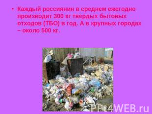Каждый россиянин в среднем ежегодно производит 300 кг твердых бытовых отходов (Т