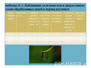 таблица № 3. Наблюдение за всхожестью и прорастанием семян обработанных водой в