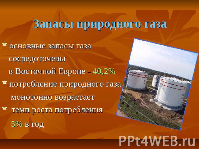 Запасы природного газа основные запасы газа сосредоточены в Восточной Европе - 40,2% потребление природного газа монотонно возрастает темп роста потребления 5% в год