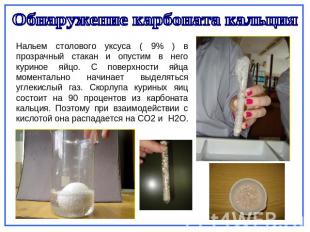 Обнаружение карбоната кальция Нальем столового уксуса ( 9% ) в прозрачный стакан