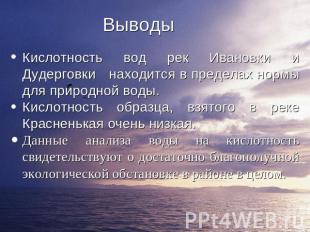 Выводы Кислотность вод рек Ивановки и Дудерговки находится в пределах нормы для