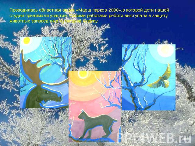 Проводилась областная акция «Марш парков-2008»,в которой дети нашей студии принимали участие. Своими работами ребята выступали в защиту животных заповедника Кузнецкий Алатау.