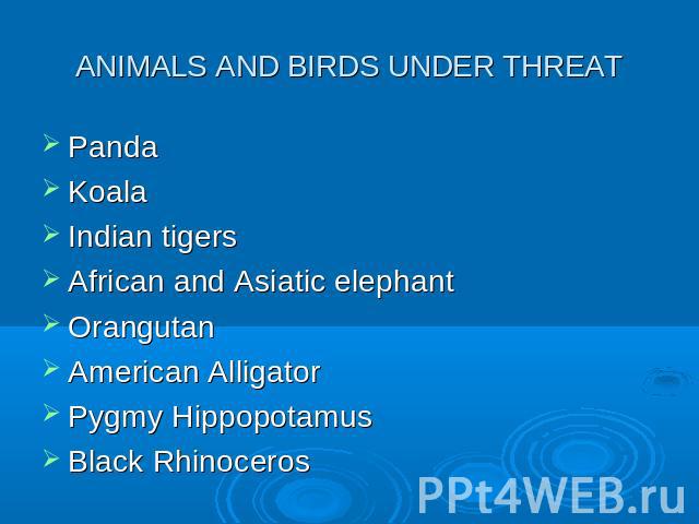 ANIMALS AND BIRDS UNDER THREATPandaKoalaIndian tigersAfrican and Asiatic elephantOrangutanAmerican AlligatorPygmy HippopotamusBlack Rhinoceros