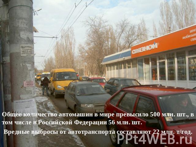 Общее количество автомашин в мире превысило 500 млн. шт., в том числе в Российской Федерации 56 млн. шт. Вредные выбросы от автотранспорта составляют 22 млн. т/год.