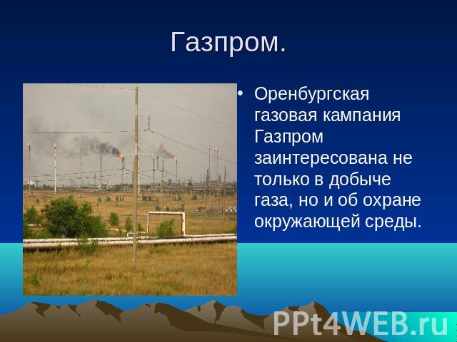 Газпром. Оренбургская газовая кампания Газпром заинтересована не только в добыче газа, но и об охране окружающей среды.