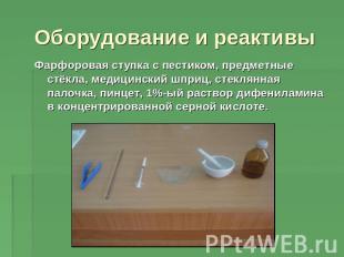 Оборудование и реактивы Фарфоровая ступка с пестиком, предметные стёкла, медицин