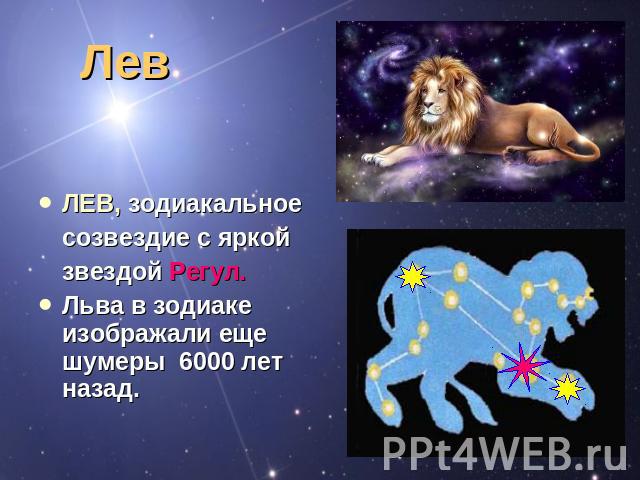 Лев ЛЕВ, зодиакальное созвездие с яркой звездой Регул. Льва в зодиаке изображали еще шумеры 6000 лет назад.