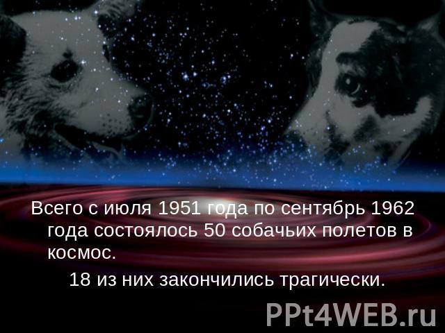 Всего с июля 1951 года по сентябрь 1962 года состоялось 50 собачьих полетов в космос. 18 из них закончились трагически.