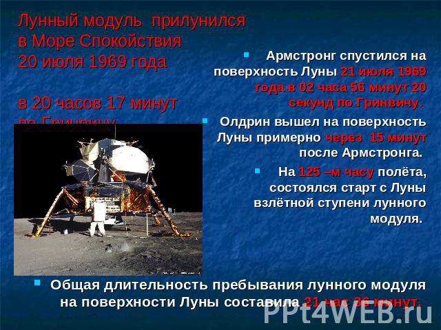 Лунный модуль прилунился в Море Спокойствия 20 июля 1969 года в 20 часов 17 минут по Гринвичу Армстронг спустился на поверхность Луны 21 июля 1969 года в 02 часа 56 минут 20 секунд по Гринвичу. Олдрин вышел на поверхность Луны примерно через 15 мину…