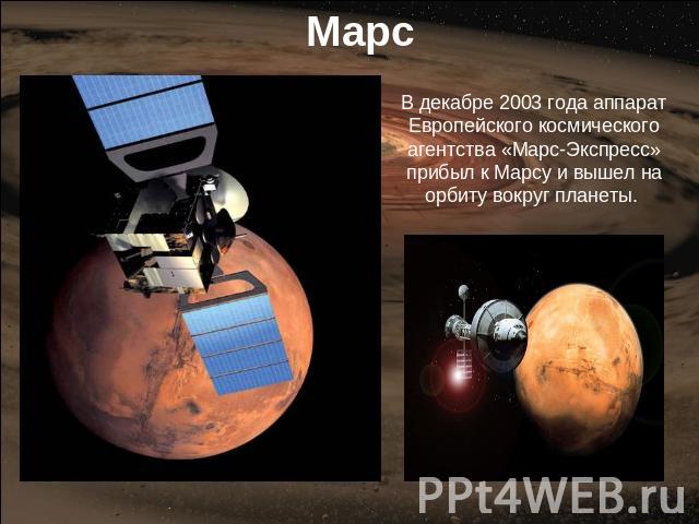 Марс В декабре 2003 года аппарат Европейского космического агентства «Марс-Экспресс» прибыл к Марсу и вышел на орбиту вокруг планеты.