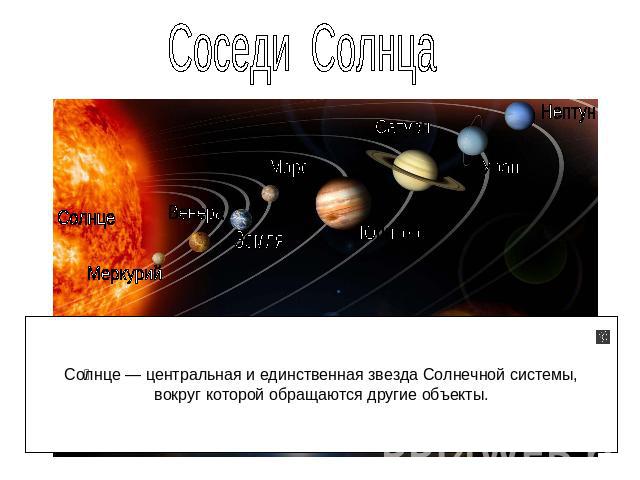 Соседи Солнца Солнце — центральная и единственная звезда Солнечной системы, вокруг которой обращаются другие объекты.