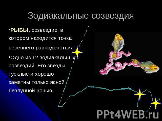 Зодиакальные созвездия РЫБЫ, созвездие, в котором находится точка весеннего равноденствия. Одно из 12 зодиакальных созвездий. Его звезды тусклые и хорошо заметны только ясной безлунной ночью.