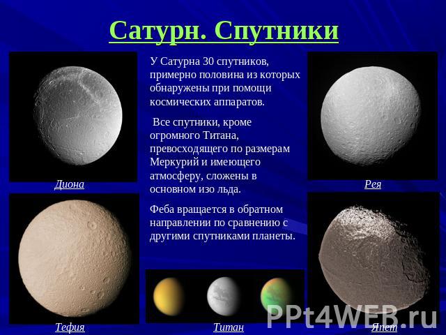 Сатурн. Спутники У Сатурна 30 спутников, примерно половина из которых обнаружены при помощи космических аппаратов. Все спутники, кроме огромного Титана, превосходящего по размерам Меркурий и имеющего атмосферу, сложены в основном изо льда. Феба вращ…