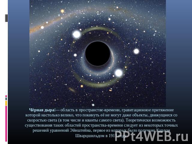 Чёрная дыра — область в пространстве-времени, гравитационное притяжение которой настолько велико, что покинуть её не могут даже объекты, движущиеся со скоростью света (в том числе и кванты самого света). Теоретически возможность существования таких …